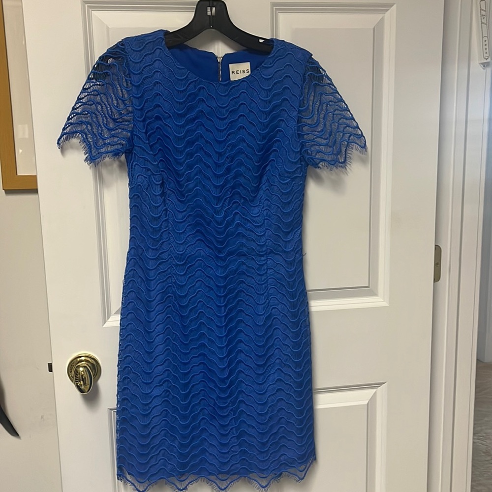 REISS beautiful bright blue womens dress with scallops perfect condition size 6